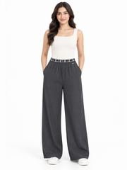 Women’s Imported Charcoal Grey Wide Leg Trousers | Elastic Waist Casual Pants