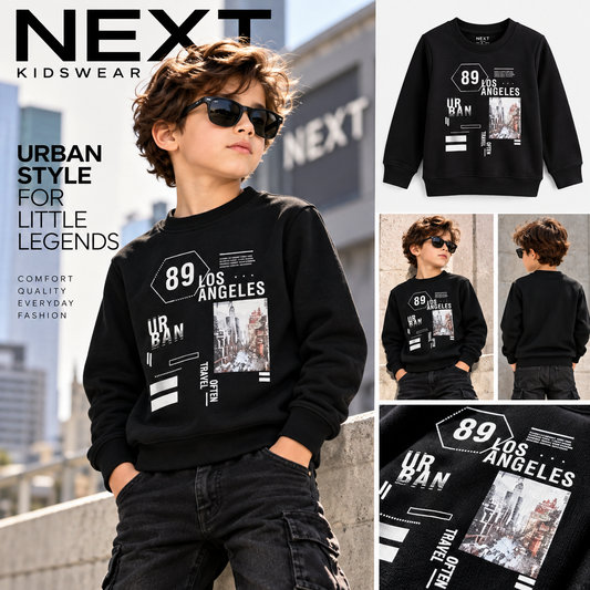 NXT BRAND IMPORTED BOYS Black "Los Angeles 89" Graphic Print Stylish Fleece Sweatshirt