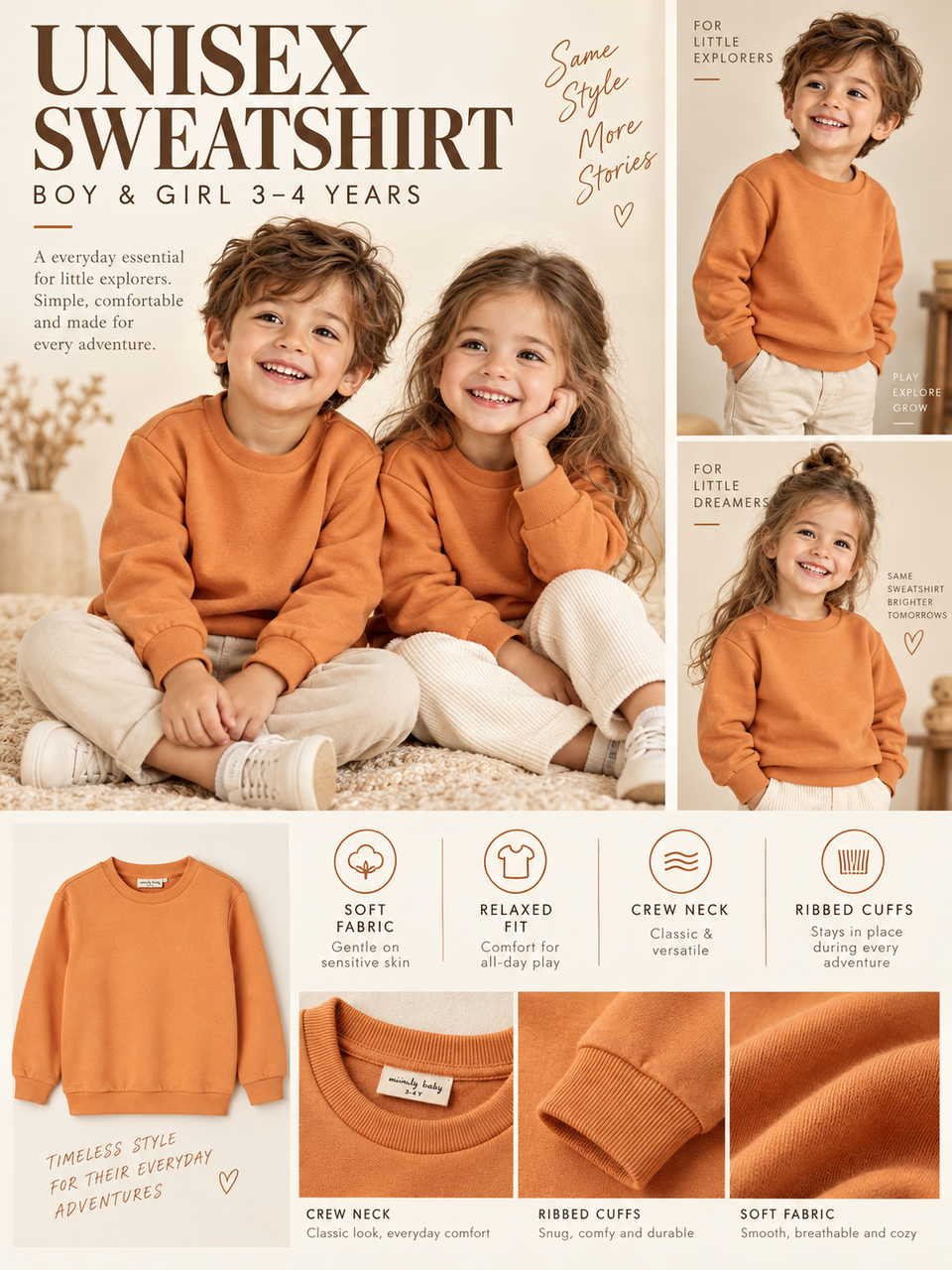 IMPORTED BOYS AND GIRLS Classic Solid Mustard Crewneck Sweatshirt | Casual Pullover