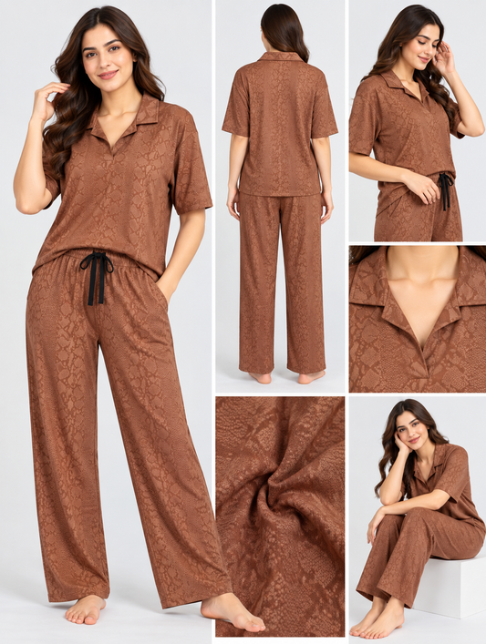 Oysho Brown Textured Short-Sleeve Co-Ord Set
