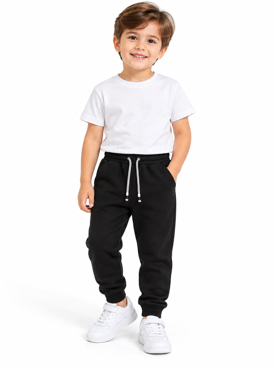 Boys Black Casual Jogger Pants with Contrast Grey Drawstring and Pockets