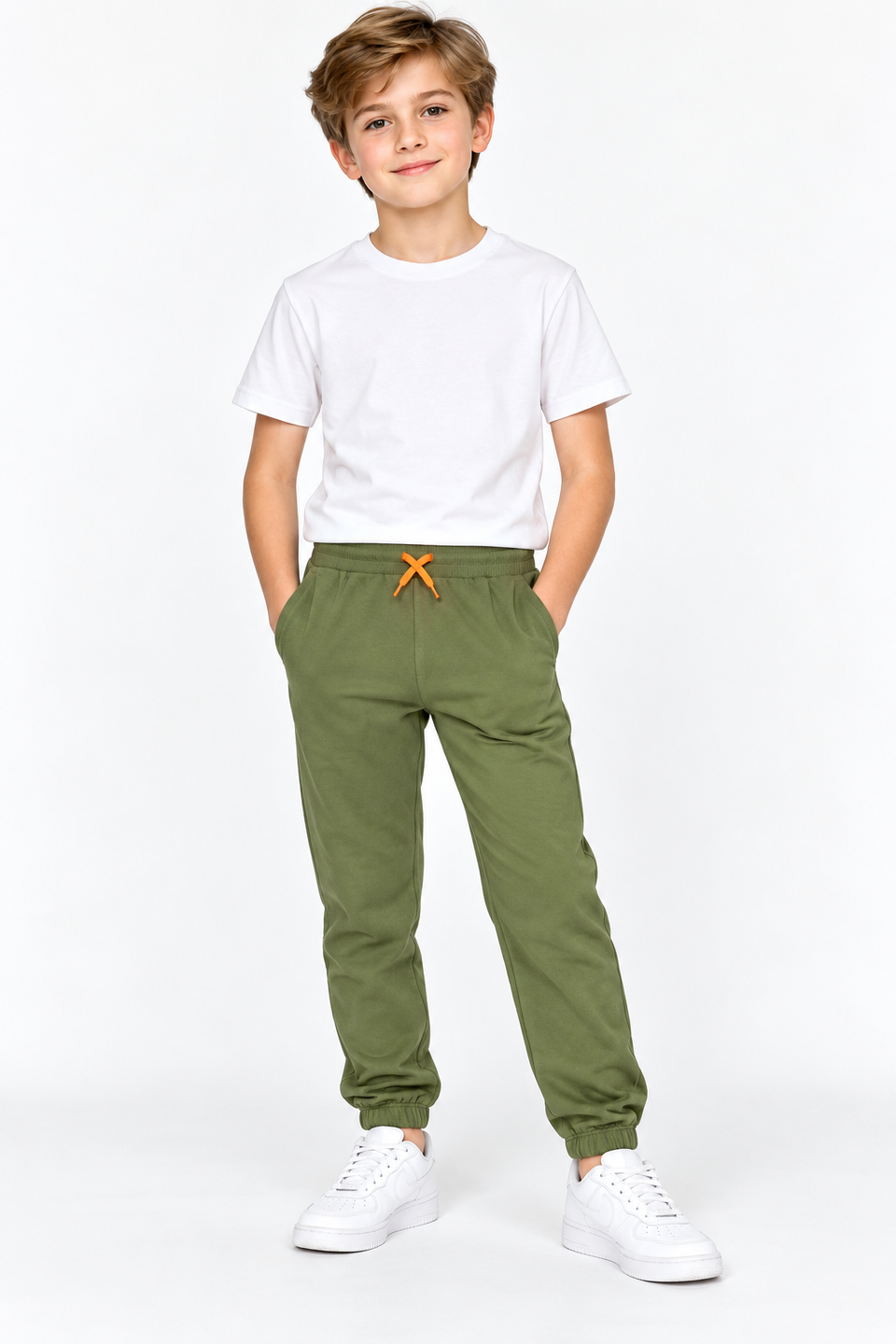 Boys Olive Green Casual Jogger Pants with Contrast Orange Drawstring
