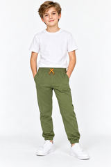 Boys Olive Green Casual Jogger Pants with Contrast Orange Drawstring