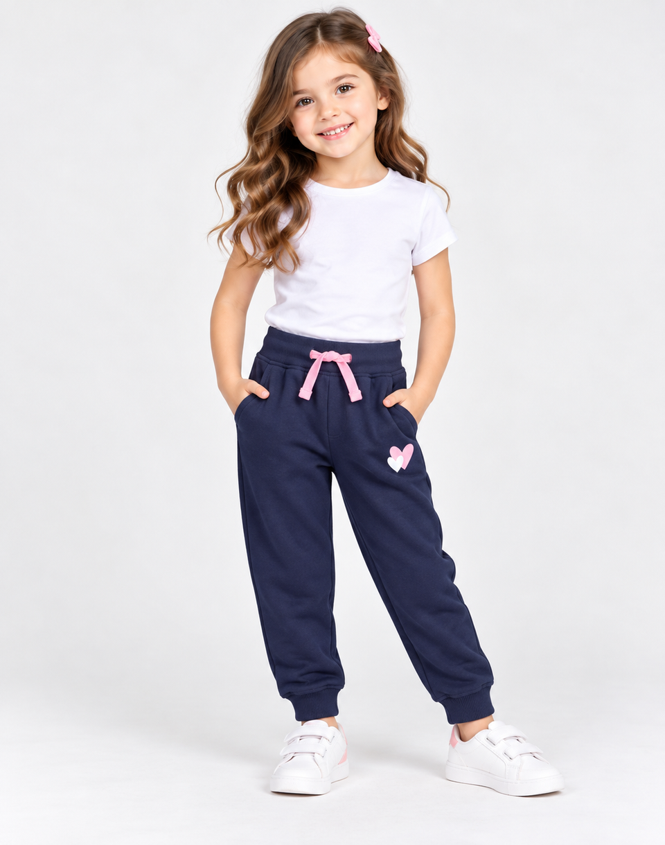 Girls' Casual Cotton-Blend Fleece Joggers with Heart Details – Navy Blue