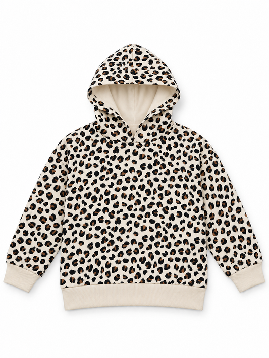 MONOPRIX Girls' Leopard Print Pullover Hoodie with Ribbed Trim
