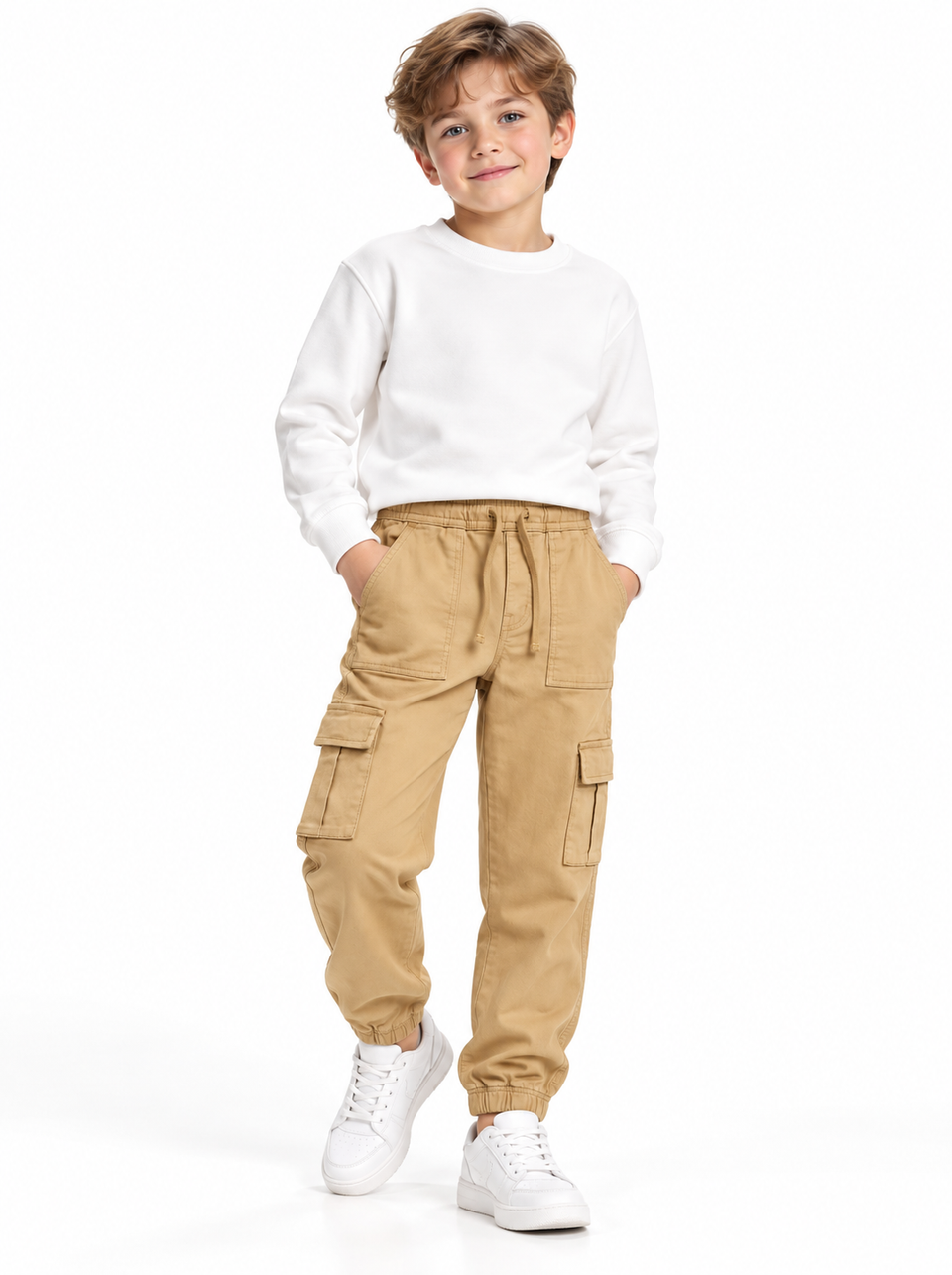Boys' beige Utility Cargo Drawstring Jogger Pants| SM GARMENTS