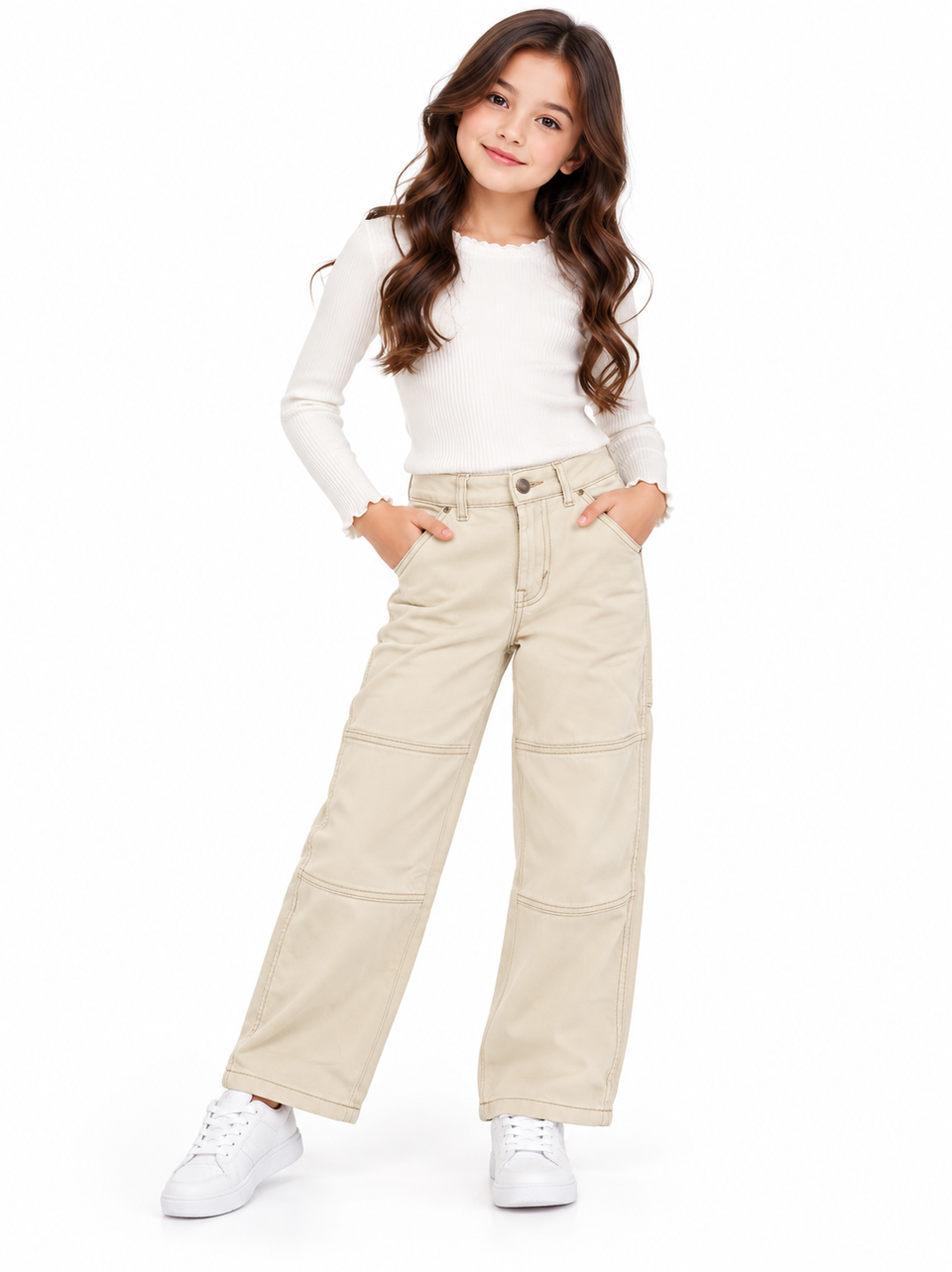 Girls' Beige Ecru Wide Leg Utility CARGOJeans | Kids' Pants