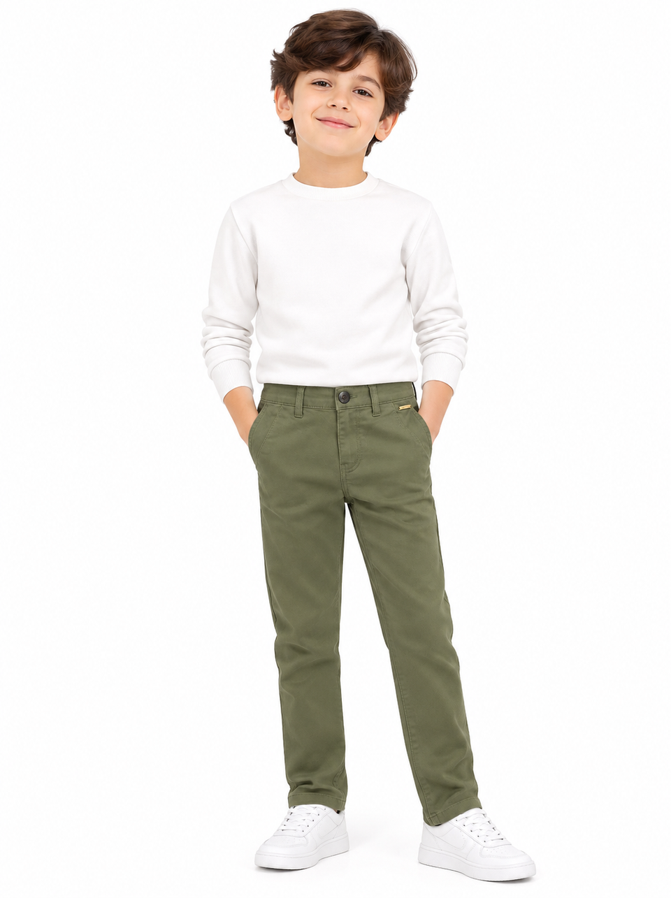 GUESS Boys Sage Olive Green Slim Fit Stretch Chino Pants| SM GARMENTS