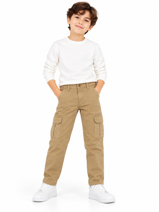 Boy Khaki Tan Stretch Twill Utility Cargo Pants| SM GARMENTS