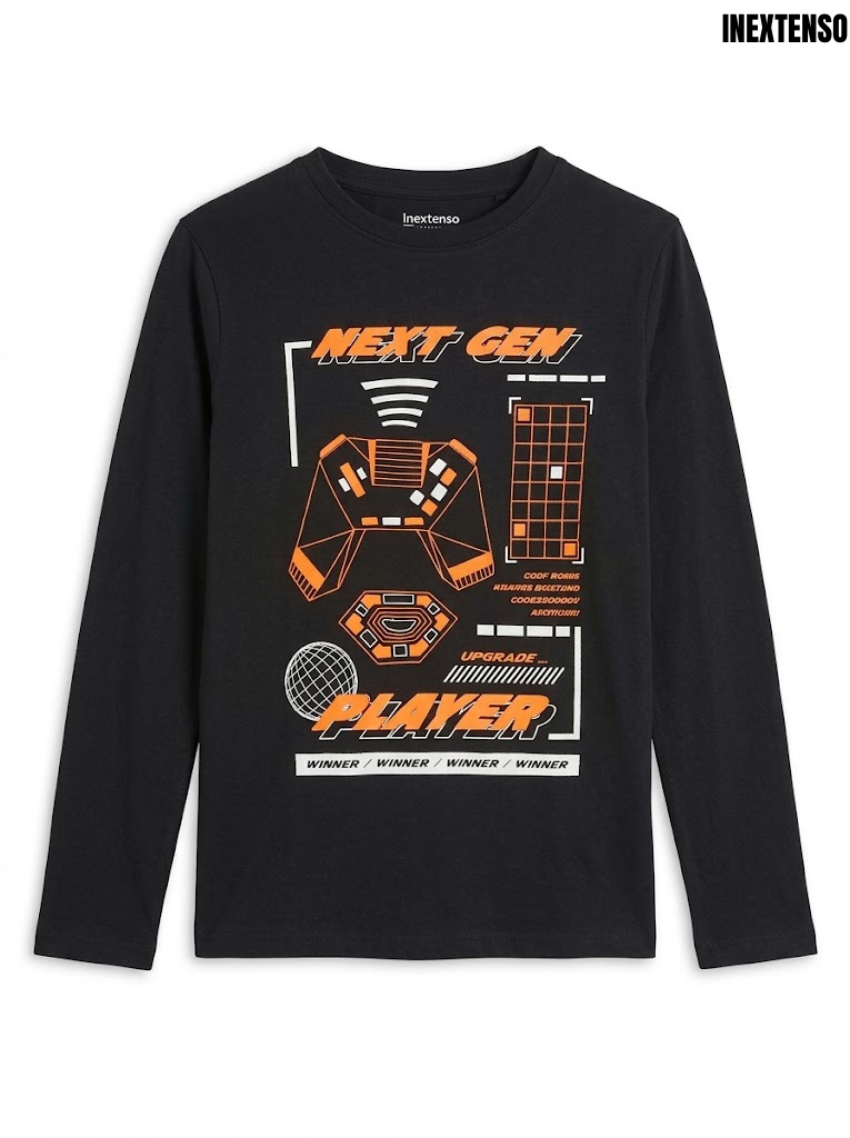 Inextenso Boys Black Next Gen Player Gaming Graphic Long-Sleeve T-Shirt| SM GARMENTS