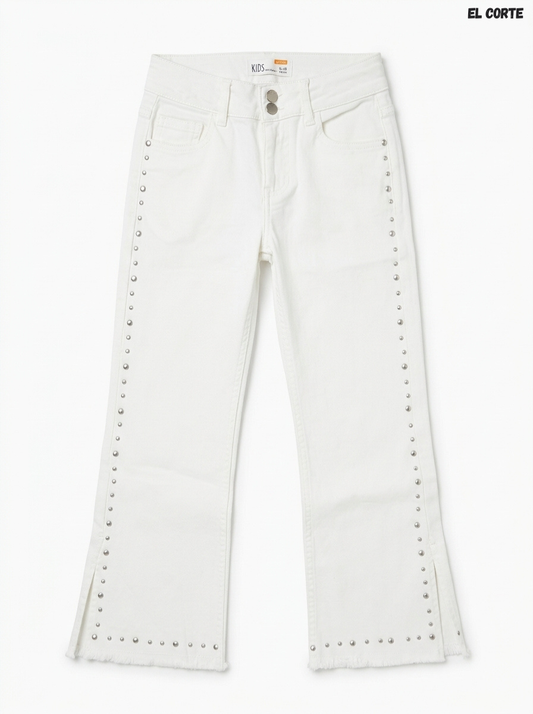 Girls' White Studded Flare Jeans | Trendy Split-Hem Denim
