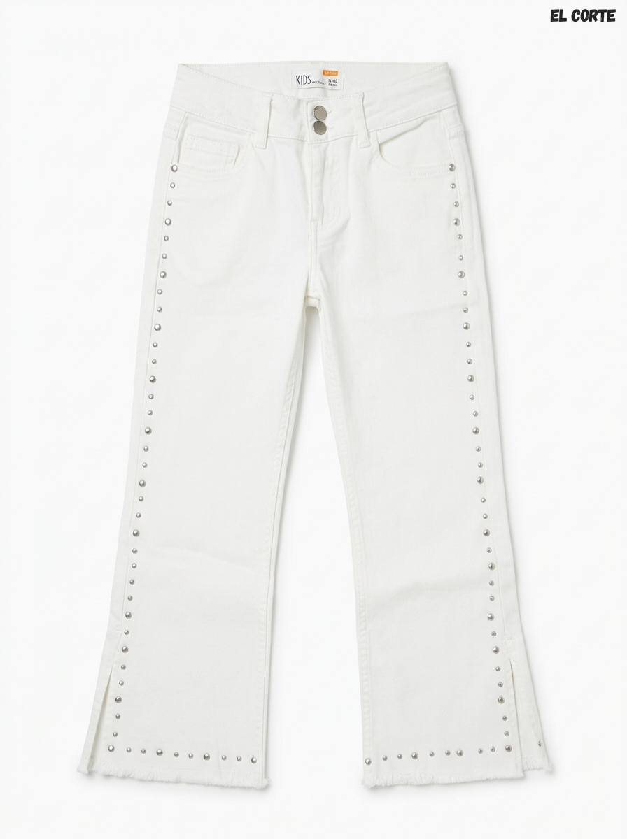 Girls' White Studded Flare Jeans | Trendy Split-Hem Denim