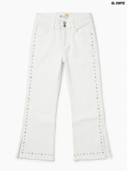 Girls' White Studded Flare Jeans | Trendy Split-Hem Denim