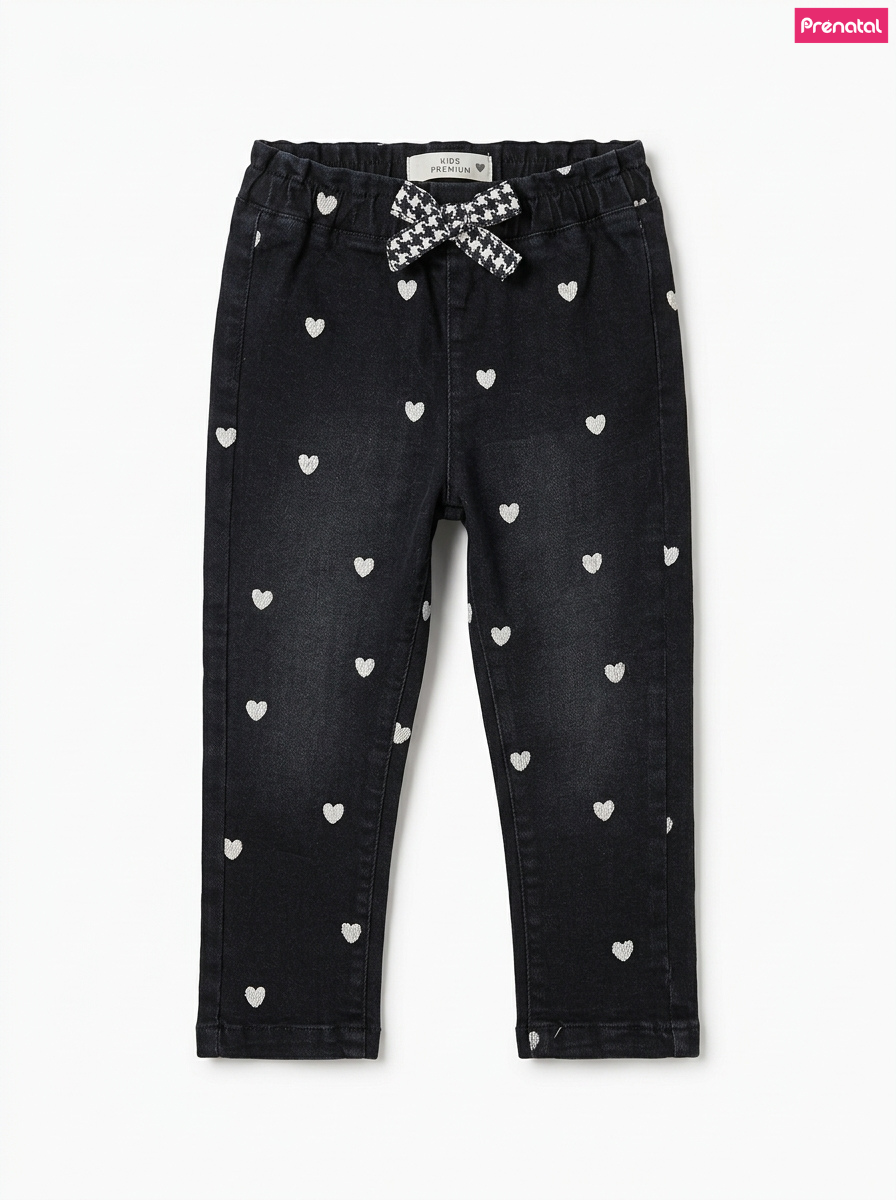 Girls' Soft Stretch Dark Wash Heart Print Denim Trousers