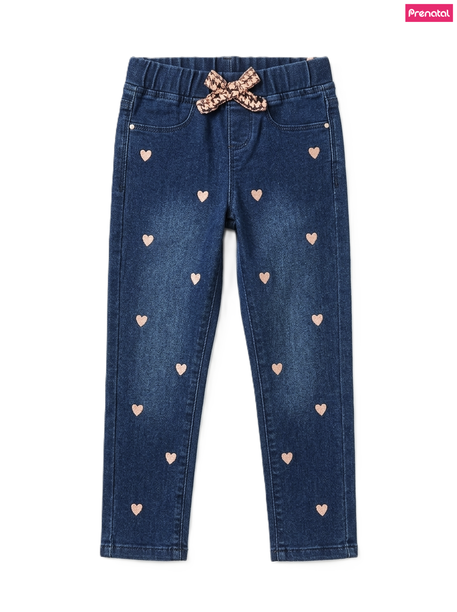 Girls' Soft Stretch Blue Heart Print Denim Trousers