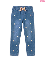 Girls' Soft Stretch Medium Blue Gold Glitter Heart Print Denim Trousers