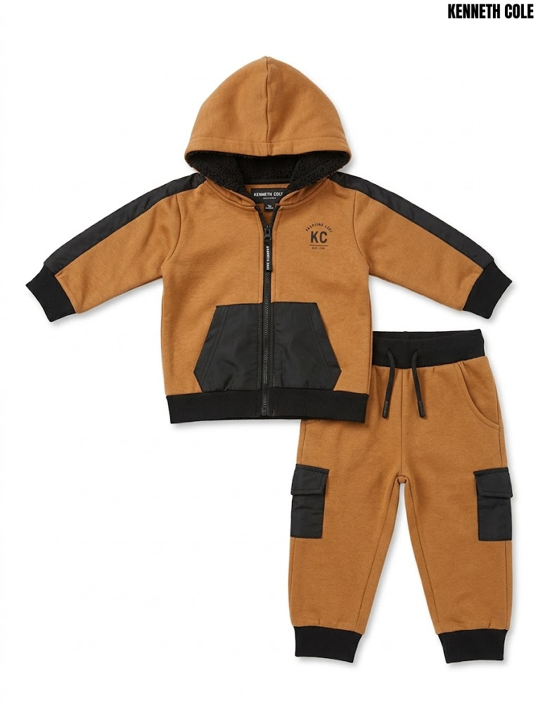 Kenneth Cole Boys Camel and Black Fleece Full-Zip Hoodie and Cargo Jogger Set| SM GARMENTS