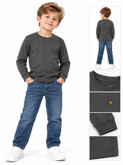 Boys' Casual Cotton-Blend Long-Sleeve T-Shirt with Chest Embroidery – Dark Gray
