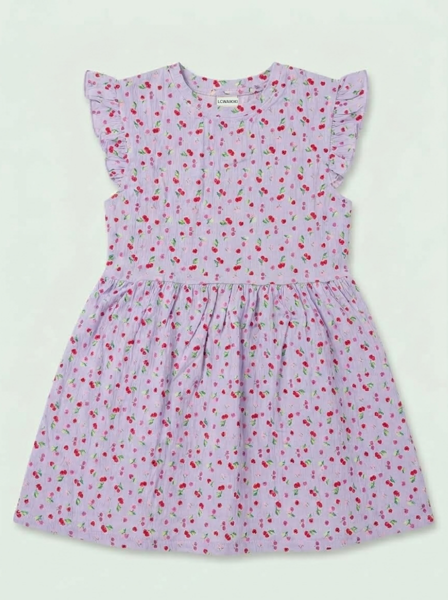 Girls' Lilac Cherry Print Dress with Ruffled Sleeves