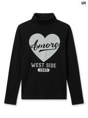 Girls' Black Turtleneck "Amore" Heart Graphic Long-Sleeve Top