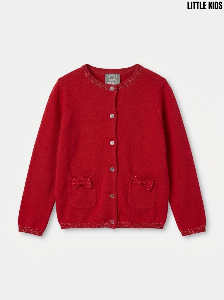 Littlekids Girls Red Bow-Pocket Knit Cardigan Sweater| SM GARMENTS