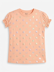 Nxt Girls Peach Shimmer Metallic Polka Dot Ruched Sleeve TShirt