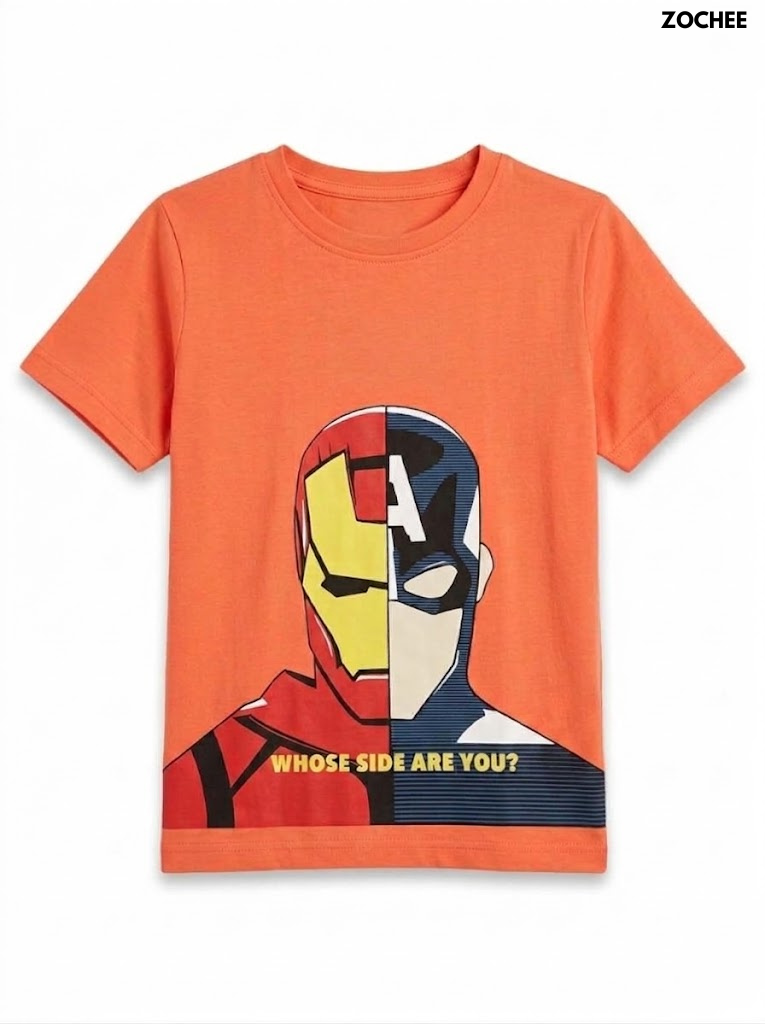 Zochee Boys Bright Orange Superhero Split Graphic Short-Sleeve T-Shirt