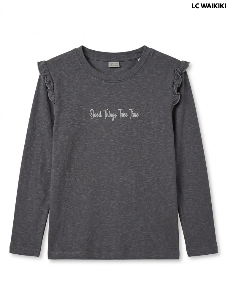 Lcwaikiki Girls Charcoal Grey Ruffle Shoulder Good Things Take Time Long-Sleeve T-Shirt