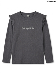 Lcwaikiki Girls Charcoal Grey Ruffle Shoulder Good Things Take Time Long-Sleeve T-Shirt