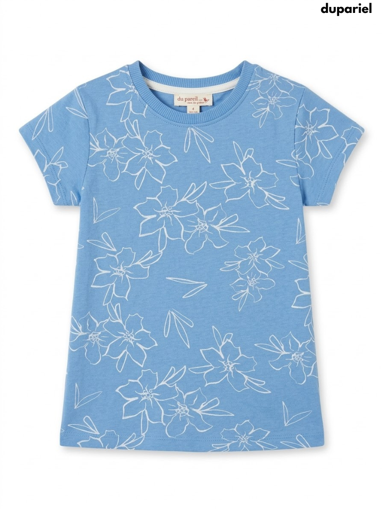 Du pariel Girls Sky Blue Floral Line Art All-Over Print Short-Sleeve T-Shirt