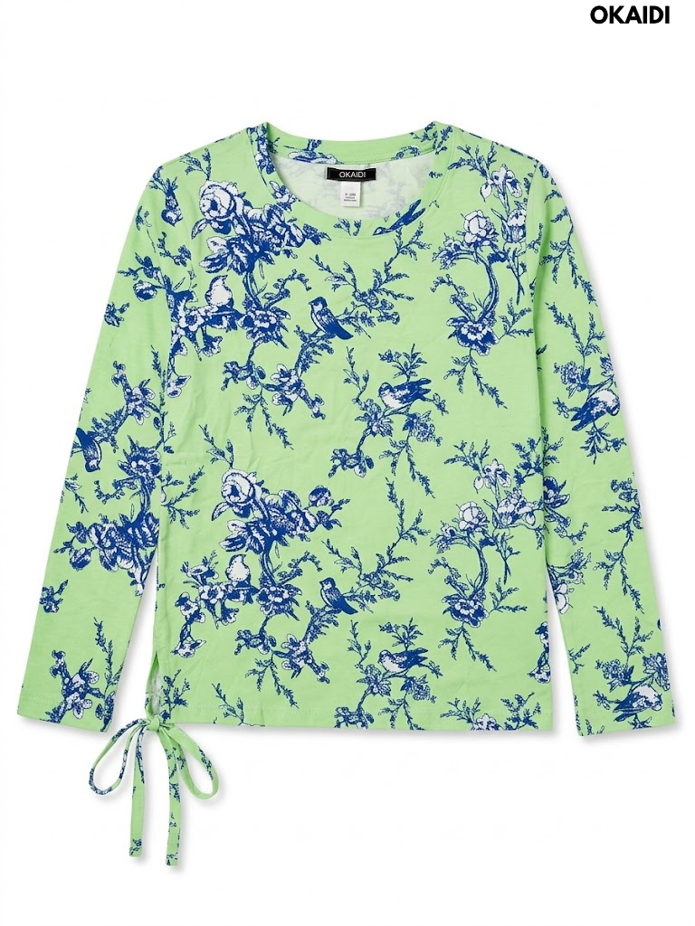 Okaidi Girls' Mint Green Floral & Bird Print Long-Sleeve Side-Tie T-Shirt