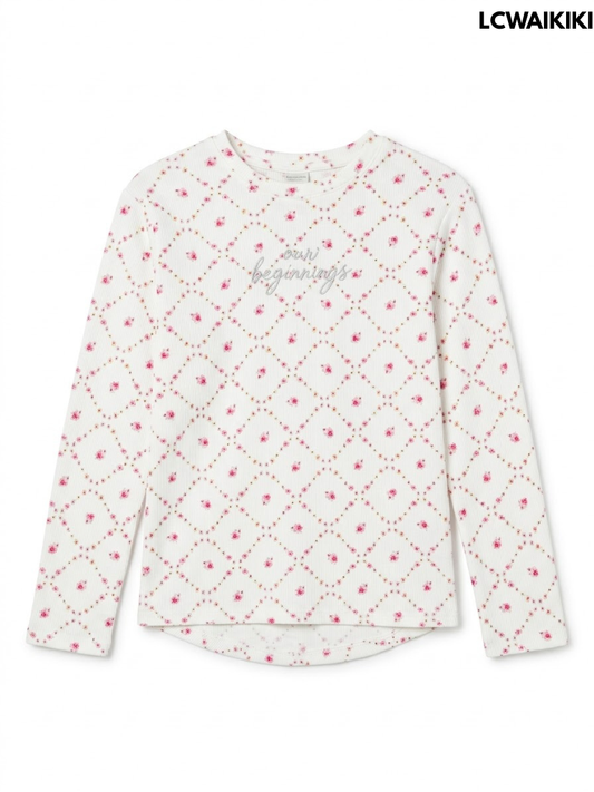 Girls Off-White Floral Diamond Lattice Ribbed LongSleeve Top