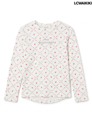 Girls Off-White Floral Diamond Lattice Ribbed LongSleeve Top