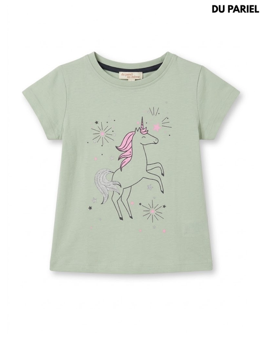 Girls' Sage Green Glitter Unicorn Graphic Short-Sleeve T-Shirt