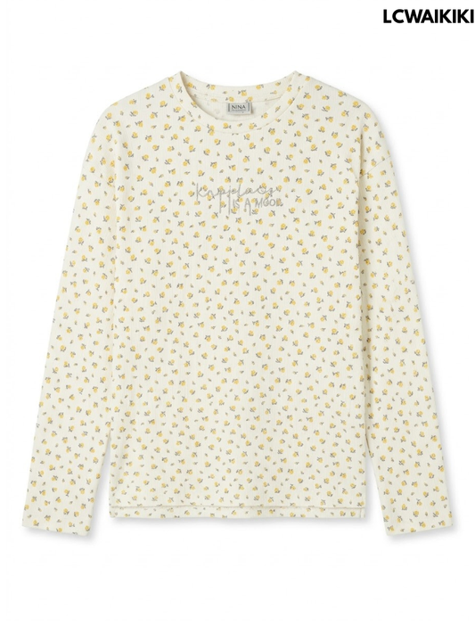 Lc WaikikiGirls OffWhite Ditsy Floral Ribbed LongSleeve Top