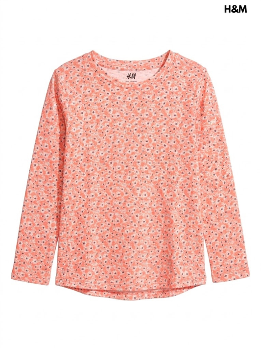 H&M Girls' Coral Pink Ditsy Floral Long-Sleeve Cotton Jersey Top