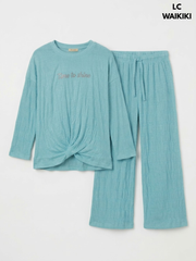 Lcwaikiki Girls' Aqua Teal Blue Twist-Front Smocked 2-Piece Pyjama Set