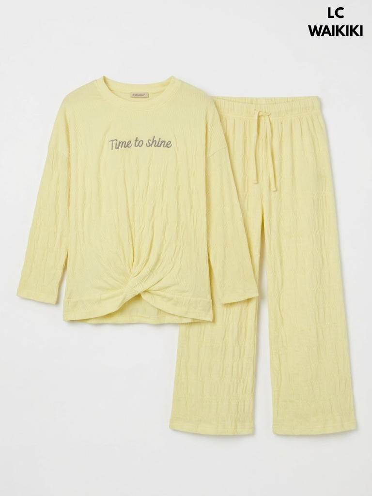 Lcwaikiki Girls' Pastel Yellow Twist-Front Smocked 2-Piece Pyjama Set