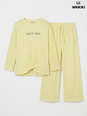 Lcwaikiki Girls' Pastel Yellow Twist-Front Smocked 2-Piece Pyjama Set