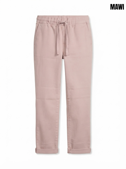GIRLS’ Dusty Rose Drawstring Trousers – Casual Rolled-Hem Cotton Pants