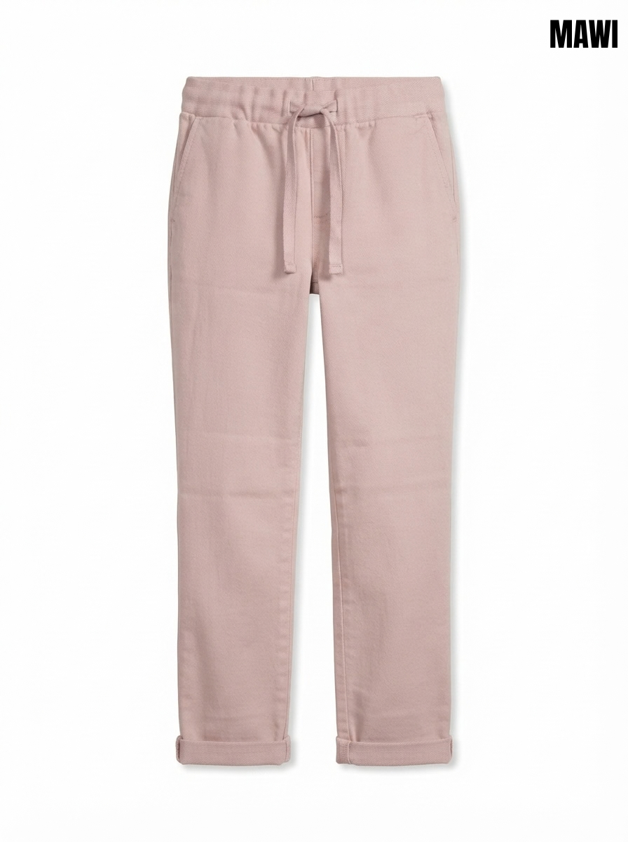 GIRLS’ Dusty Rose Drawstring Trousers – Casual Rolled-Hem Cotton Pants