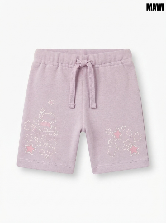 Girls’ Lilac Soft Cotton Drawstring Shorts – Star Graphic Casual Summer Shorts