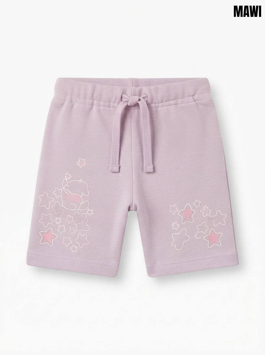 Girls’ Lilac Soft Cotton Drawstring Shorts – Star Graphic Casual Summer Shorts