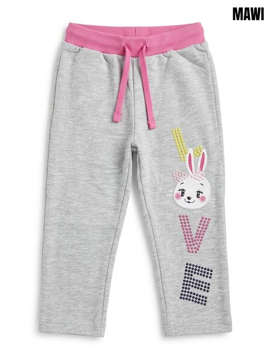 Girls' Light Grey Heather Bunny Joggers – Cute "LOVE" Graphic Sweatpants with Pink Waistband & Drawstring