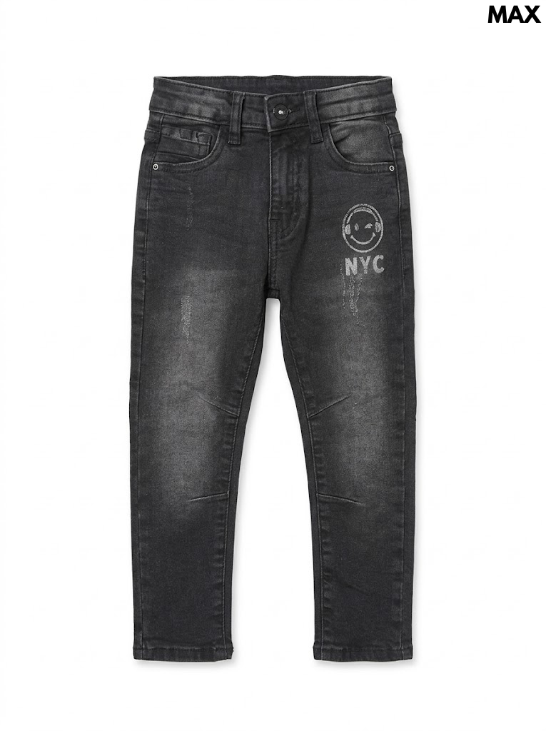 Max Boys Charcoal Washed NYC Smiley Graphic Stretch Denim Jeans| SM GARMENTS