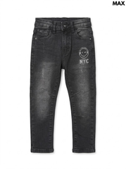Max Boys Charcoal Washed NYC Smiley Graphic Stretch Denim Jeans| SM GARMENTS