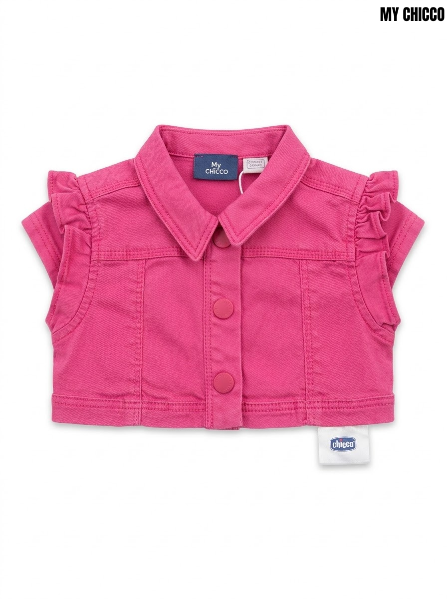 Mychicco Girls Hot Pink Denim Ruffle-Shoulder Vest Jacket| SM GARMENTS