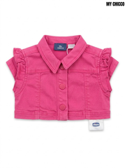 Mychicco Girls Hot Pink Denim Ruffle-Shoulder Vest Jacket| SM GARMENTS