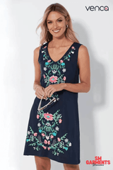 VENCA SLEEVELESS FLARED DRESS WITH EMBOSSED PRINT