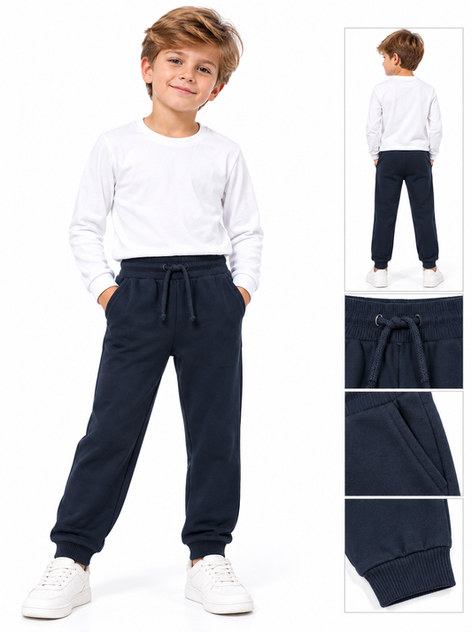 Boys' Casual Cotton-Blend Fleece Joggers – Navy Blue